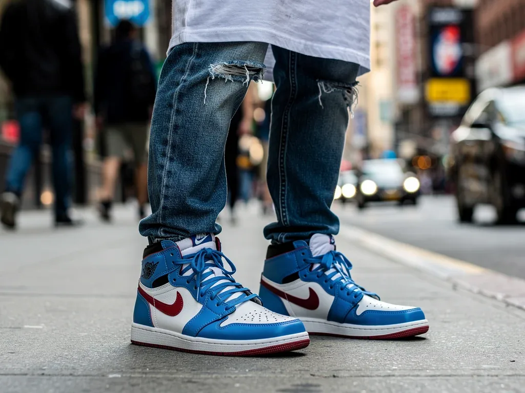 Close-up of classic Air Jordan 1s integrated into a modern street style outfit on a city street.