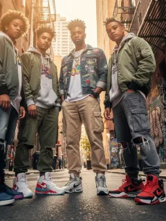 Diverse individuals showcasing iconic basketball sneakers in urban street style fashion for 2026 trends.