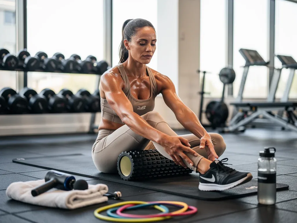 Basketball athlete using a foam roller for muscle recovery in a gym.