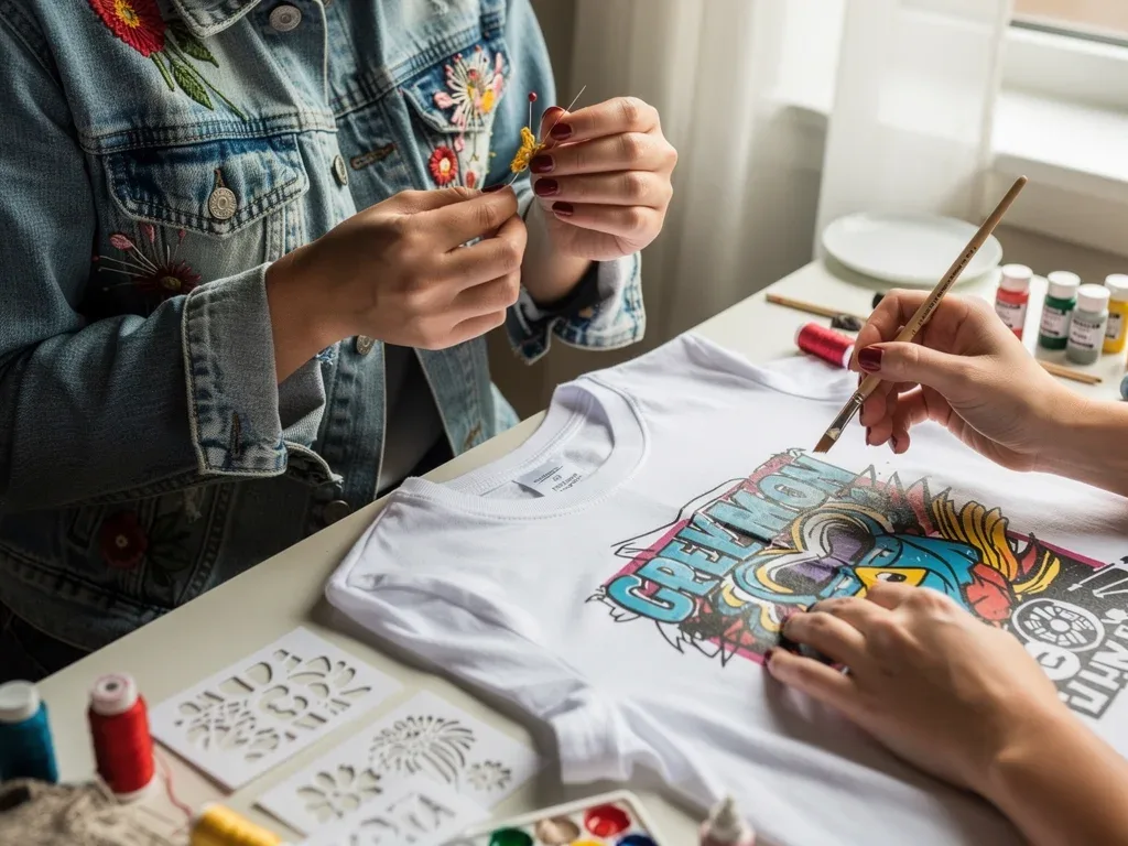 Hands embroidering a denim jacket with colorful thread