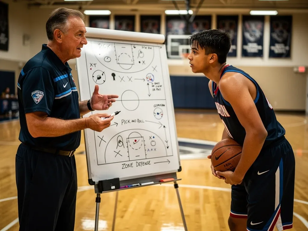 Basketball coach and player discussing strategy for improved performance