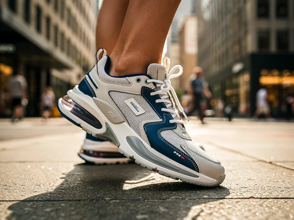 Person wearing new spring 2026 sneakers walking on a vibrant city street, showcasing urban fashion.