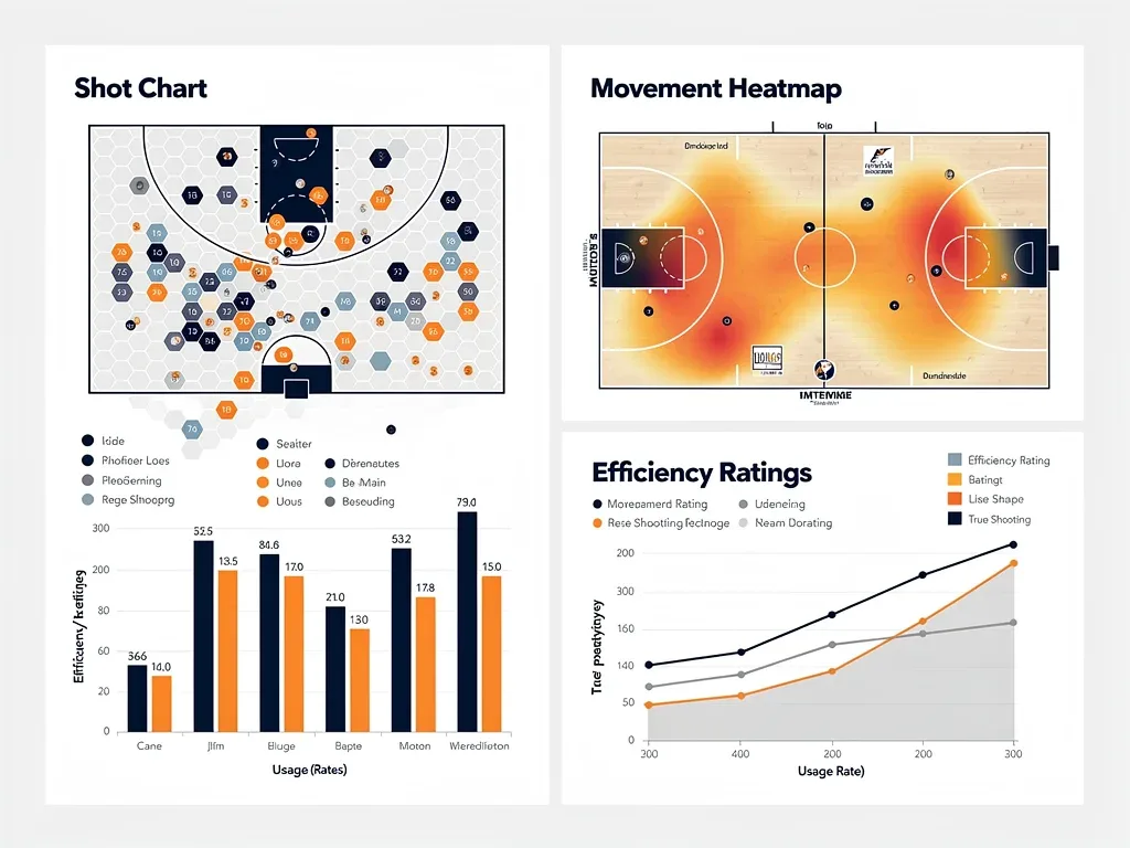 Infographic displaying key basketball analytics metrics and data visualization techniques.