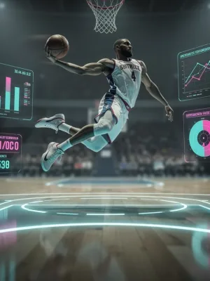 Basketball player with futuristic data analytics overlay, symbolizing market growth and technological integration.