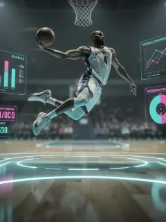 Basketball player with futuristic data analytics overlay, symbolizing market growth and technological integration.
