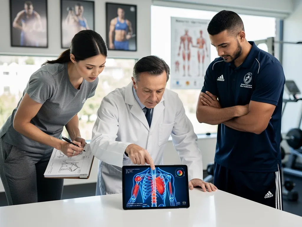 Integrated sports medicine team collaborating on athlete injury care