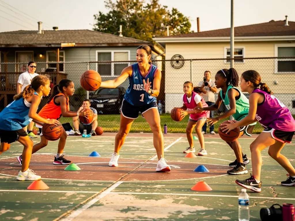 Young girls and women participating in a community basketball clinic, learning and developing skills