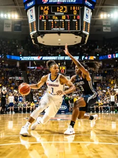 Dynamic women's basketball game in a crowded arena showcasing intense action and fan engagement