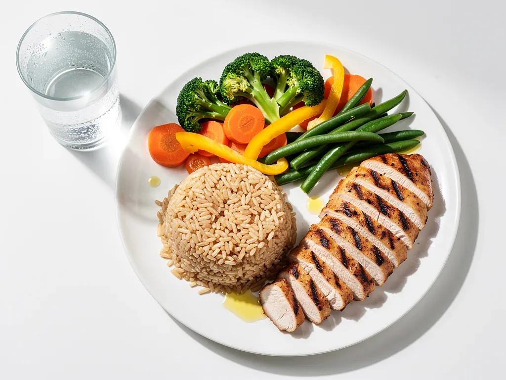 Balanced meal for young athlete with protein, carbs, and vegetables