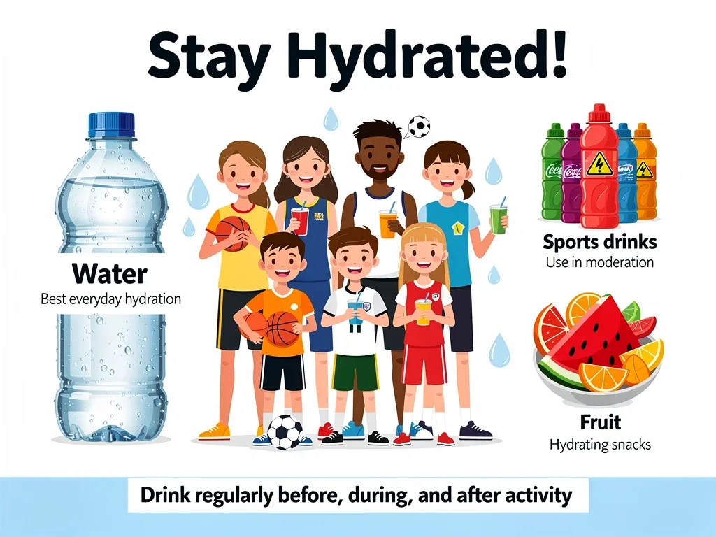 Hydration sources for young athletes including water and fruits