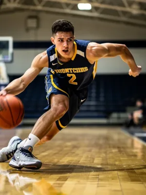 Young basketball player on court with healthy snacks in background