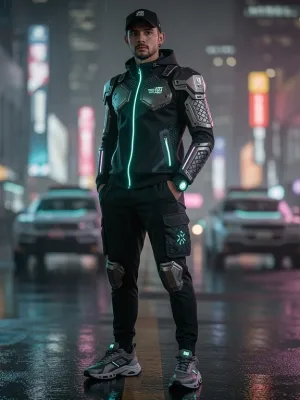 Futuristic streetwear model showcasing tech-infused urban fashion in 2026