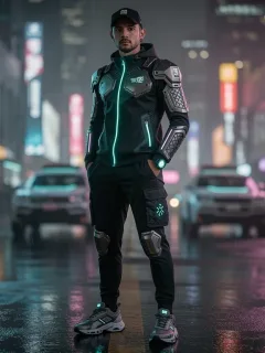 Futuristic streetwear model showcasing tech-infused urban fashion in 2026