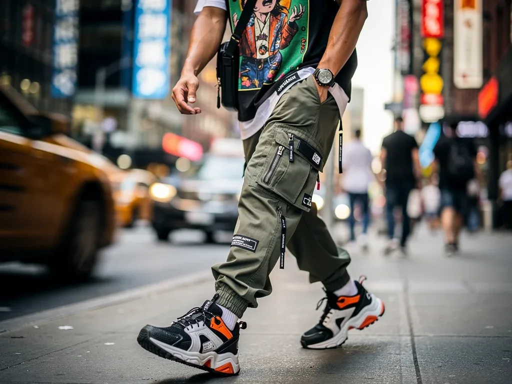 Full streetwear outfit from new brand, city background