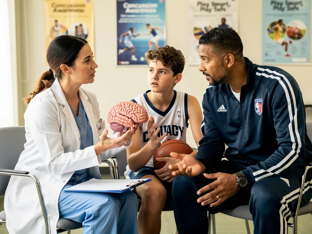 Medical professional explaining concussion symptoms to player and coach