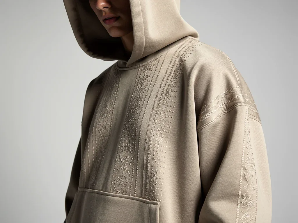 Close-up of a model in a stylish gender-neutral oversized hoodie from Brand X.
