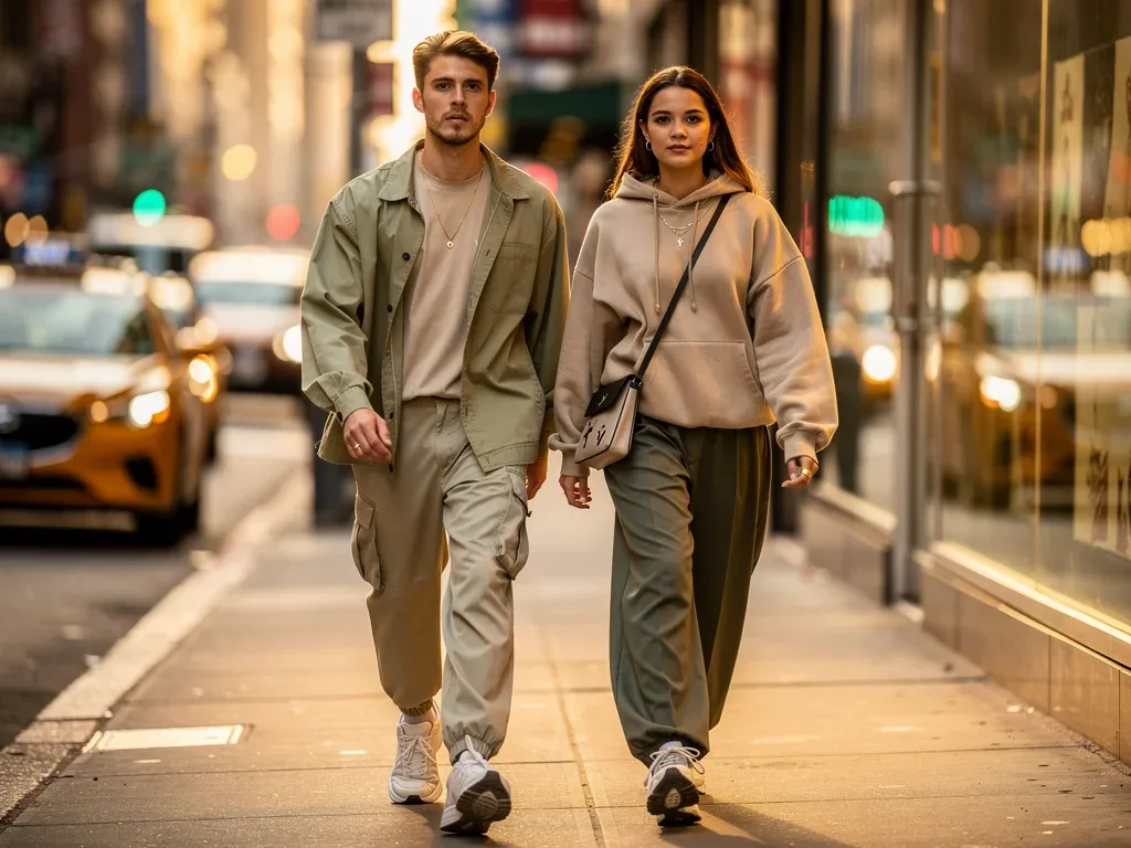 Two individuals in stylish gender-neutral streetwear from Brand Y, walking in a city.