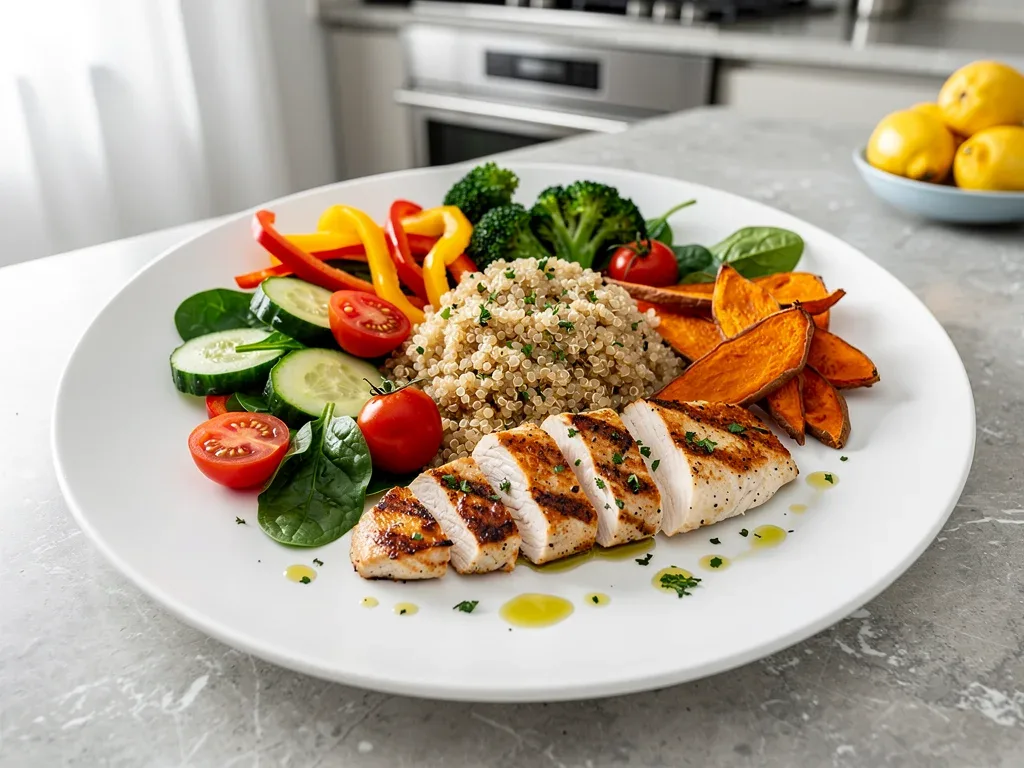 Balanced meal for basketball players with protein, carbs, and vegetables.
