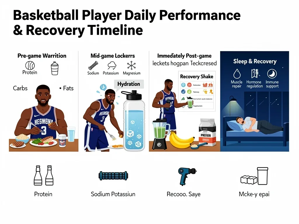 Infographic showing a basketball player's daily nutrition and recovery timeline.
