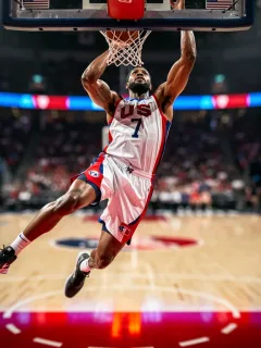 US basketball player mid-dunk, showcasing peak athletic performance and power.