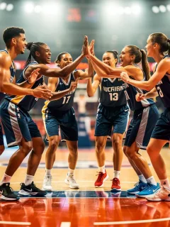 Basketball team celebrating on court, highlighting psychological benefits and teamwork.