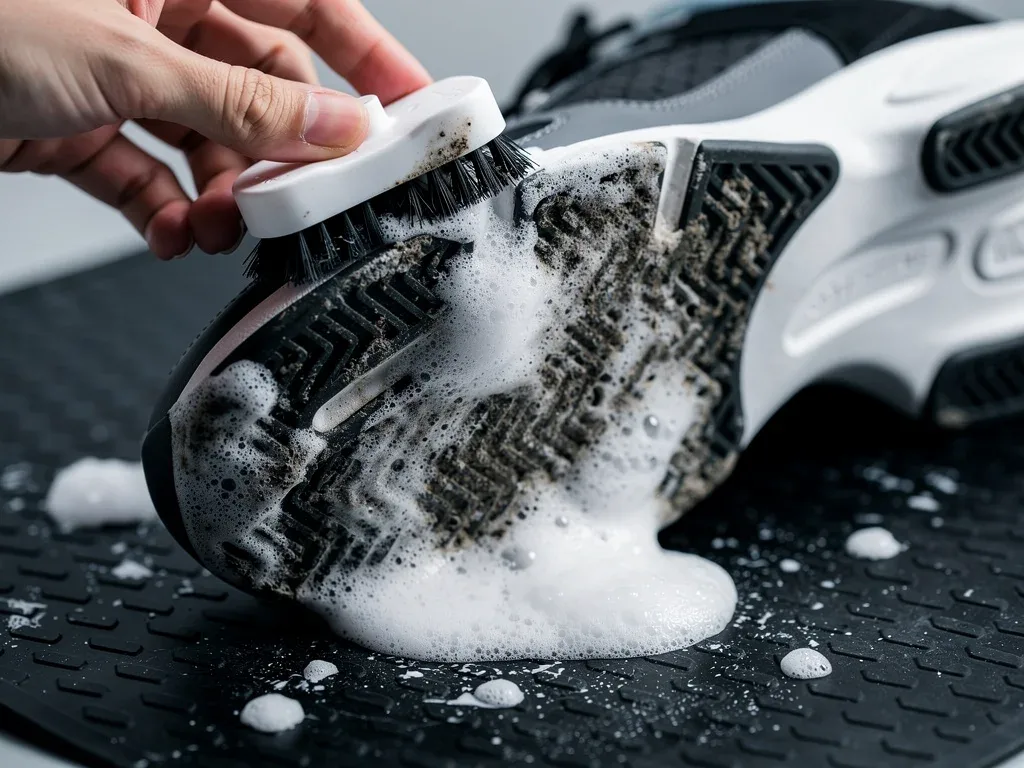 Hand scrubbing sneaker sole with brush and cleaning solution.