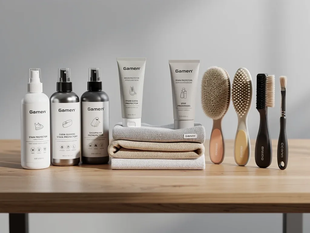 Assortment of modern sneaker care products and tools.