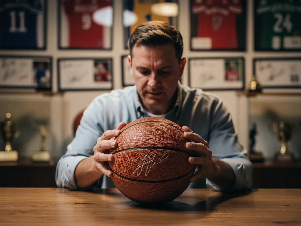 Collector examining signed basketball, surrounded by memorabilia