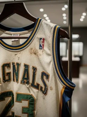 Vintage game-worn basketball jersey in auction display, highlighting authenticity
