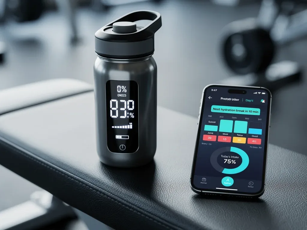 Smart water bottle and phone displaying hydration tracking app for athletes.