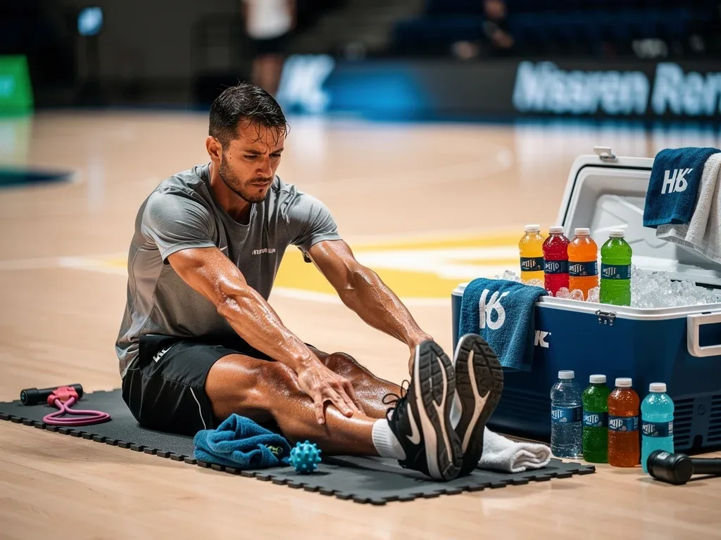 Athlete recovering after court session with electrolyte drinks for rehydration.