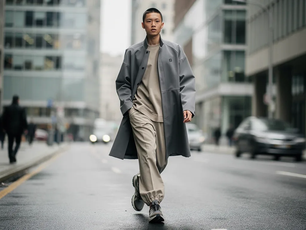 Model in minimalist utilitarian streetwear with technical fabrics