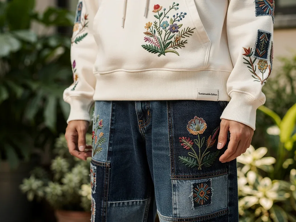 Close-up of sustainable luxury streetwear with upcycled materials
