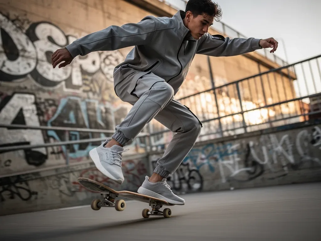 Durable and flexible streetwear worn by an active person in an urban environment.