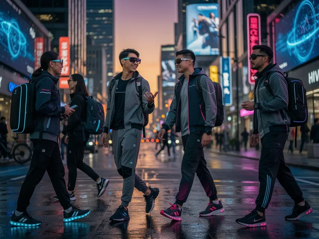 Futuristic streetwear fashion with advanced fabrics for comfort and durability in an urban setting.