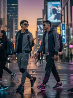 Futuristic streetwear fashion with advanced fabrics for comfort and durability in an urban setting.