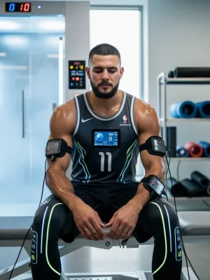 Basketball player utilizing advanced recovery technology in a futuristic training facility