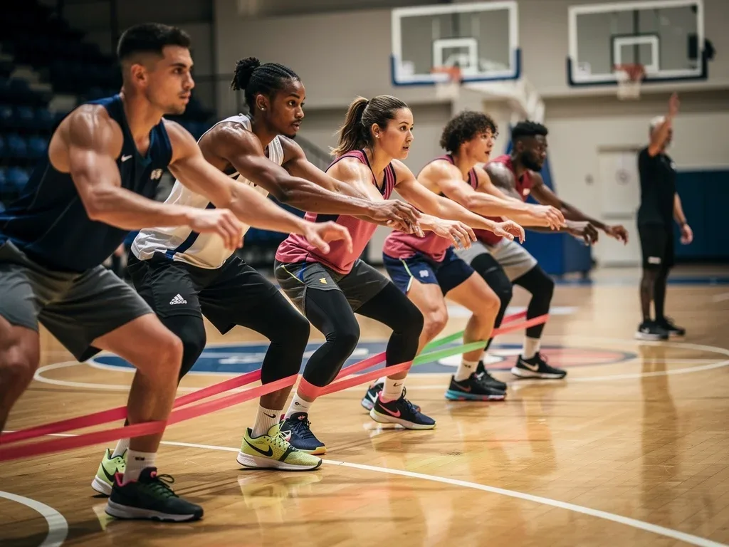 Basketball team resistance band training for agility and core strength