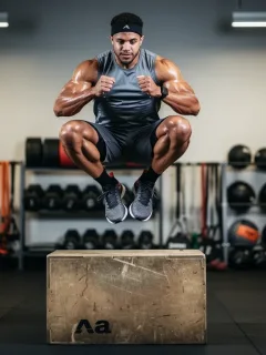Basketball player performing box jump for strength and conditioning