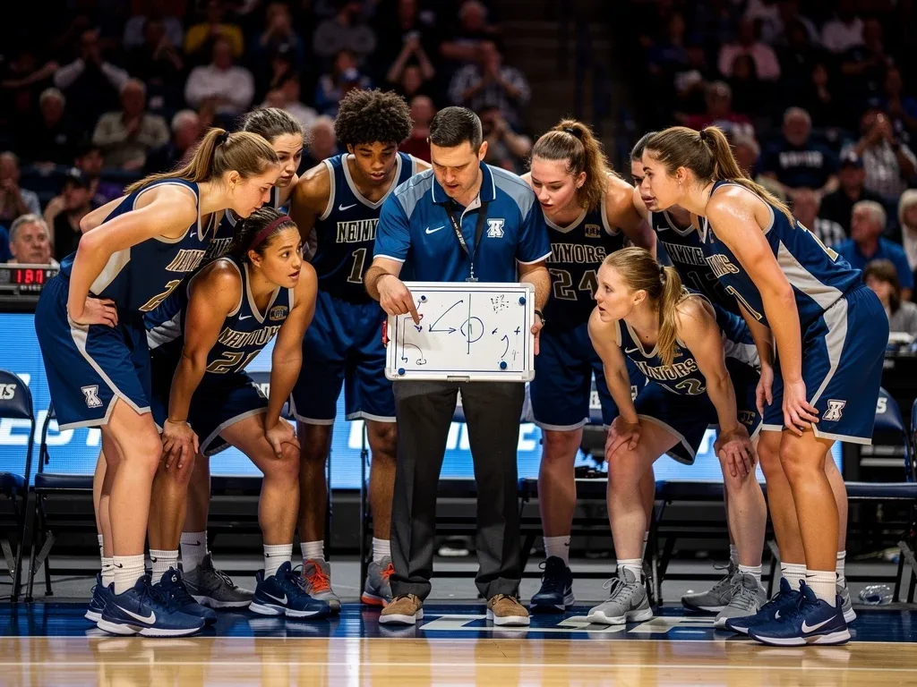 College basketball team huddling with coach, discussing strategy during a game.