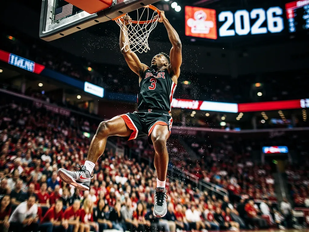 Dynamic college basketball player mid-dunk, representing the intense 2026 recruiting market.