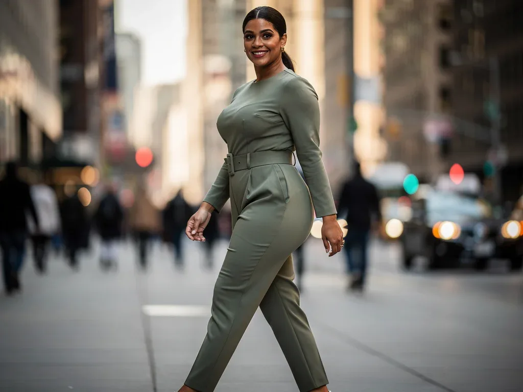 Hourglass figure woman in tailored jumpsuit, showcasing flattering street style.