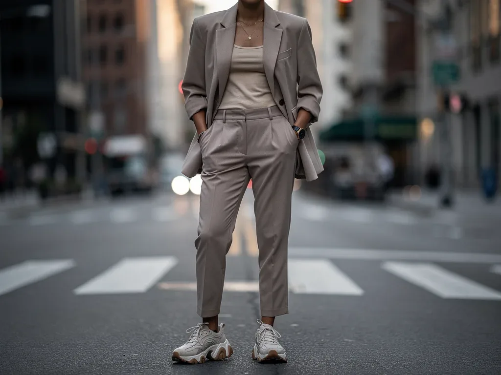 Athletic build person in oversized blazer and slim trousers, demonstrating modern street style.