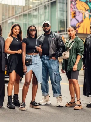 Diverse individuals in trendy street style outfits, showcasing flattering silhouettes for various body types in 2026.