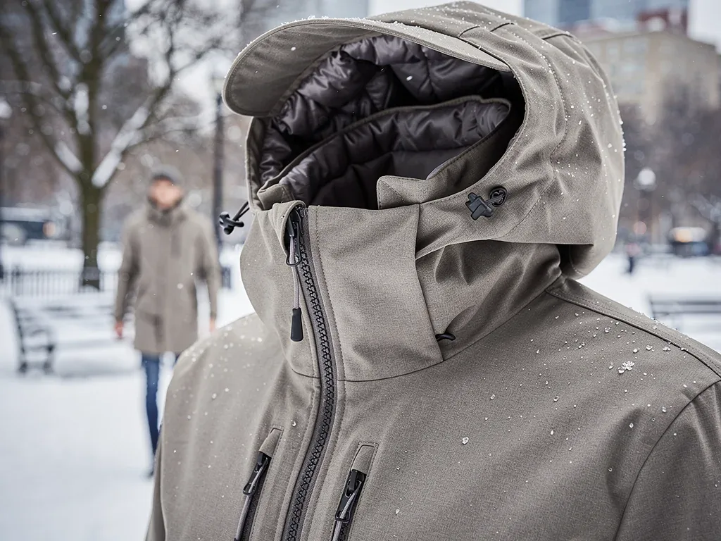 Detailed view of a technical parka's features for winter streetwear