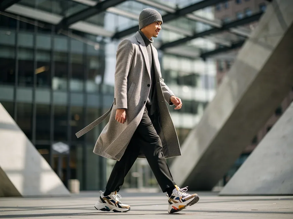 Urban individual sporting a stylish wool overcoat as part of Winter 2026 streetwear