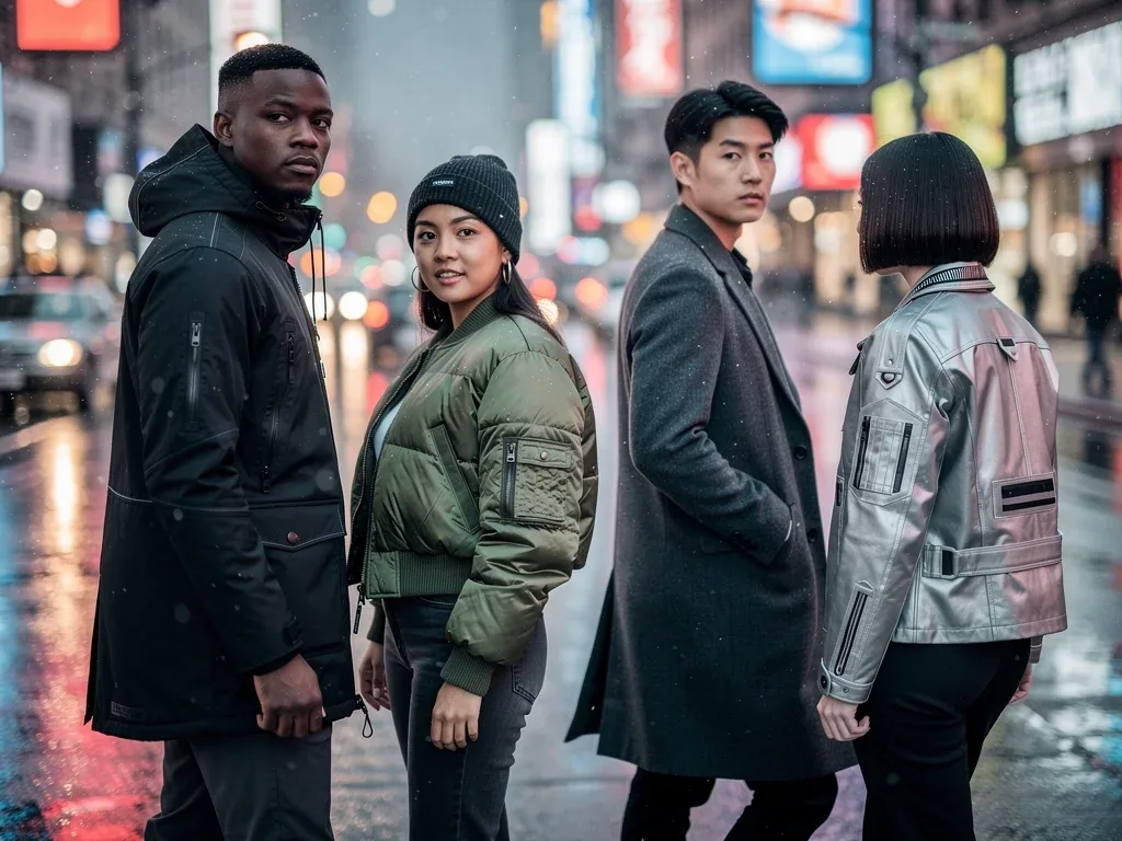 Stylish individuals in diverse Winter 2026 streetwear outerwear jackets on a snowy city street