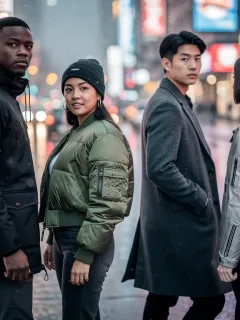 Stylish individuals in diverse Winter 2026 streetwear outerwear jackets on a snowy city street