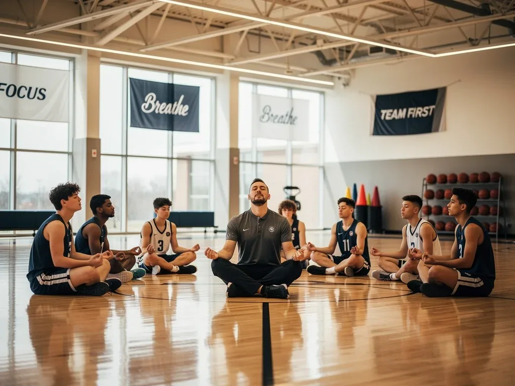 Basketball team engaging in guided breathing for stress management