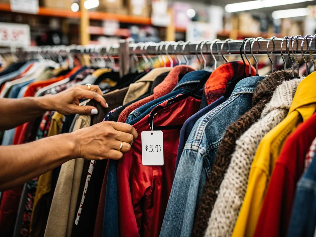 Hands browsing through a selection of affordable clothes in a thrift store, emphasizing budget-friendly shopping.